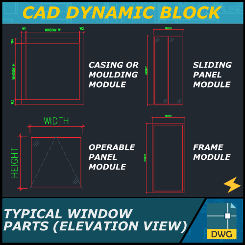 Dynamic Square Window Elevation Block Cad Drawing Details 1009x885